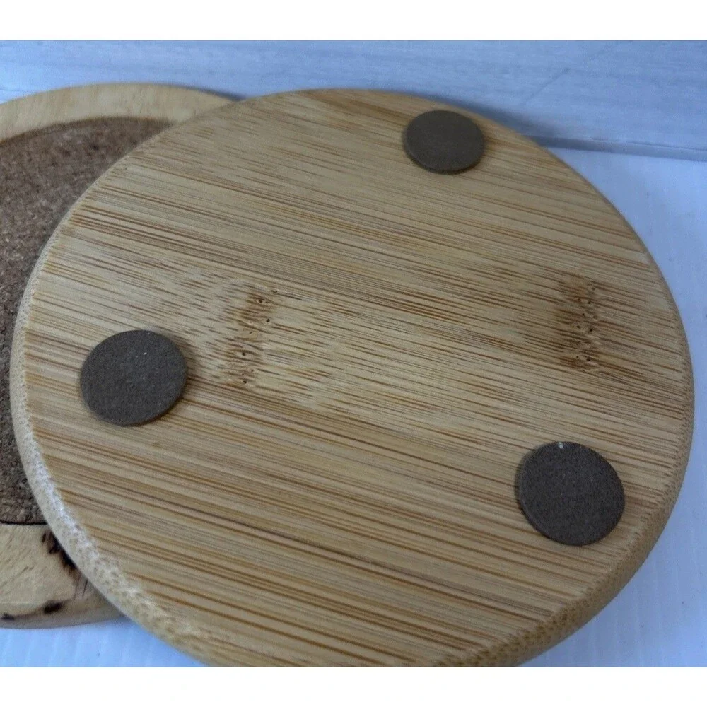 2015 BETTER HOMES Set Of 4 BAMBOO & CORK COASTERS IN Metal Holder